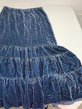 Chico’s Blue Velvet Tiered Midi Skirt Boho Romantic Ruffle
